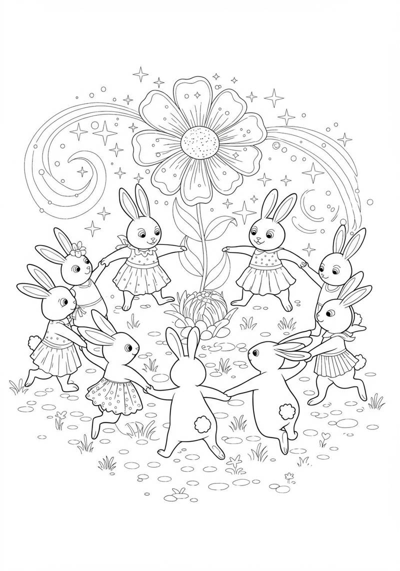 Página para colorear de conejitos bonitos bailando en círculo tomados de las manos alrededor de una gran flor.