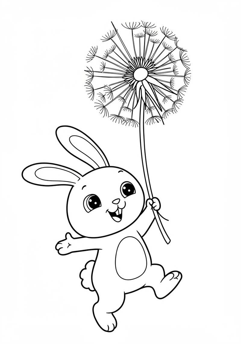 Página para colorear de un conejito lindo sosteniendo un diente de león grande con una expresión feliz.