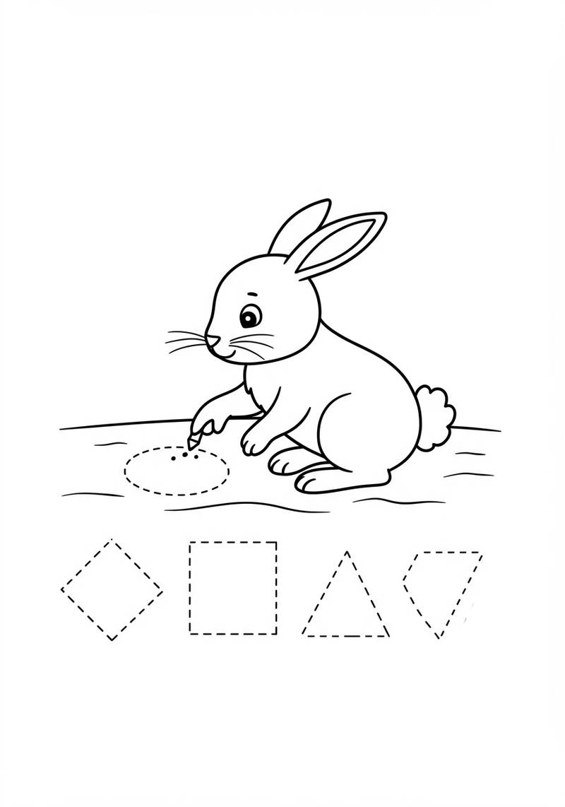 Página para colorear en blanco y negro de un conejo bonito sentado en el suelo y dibujando con un crayón.