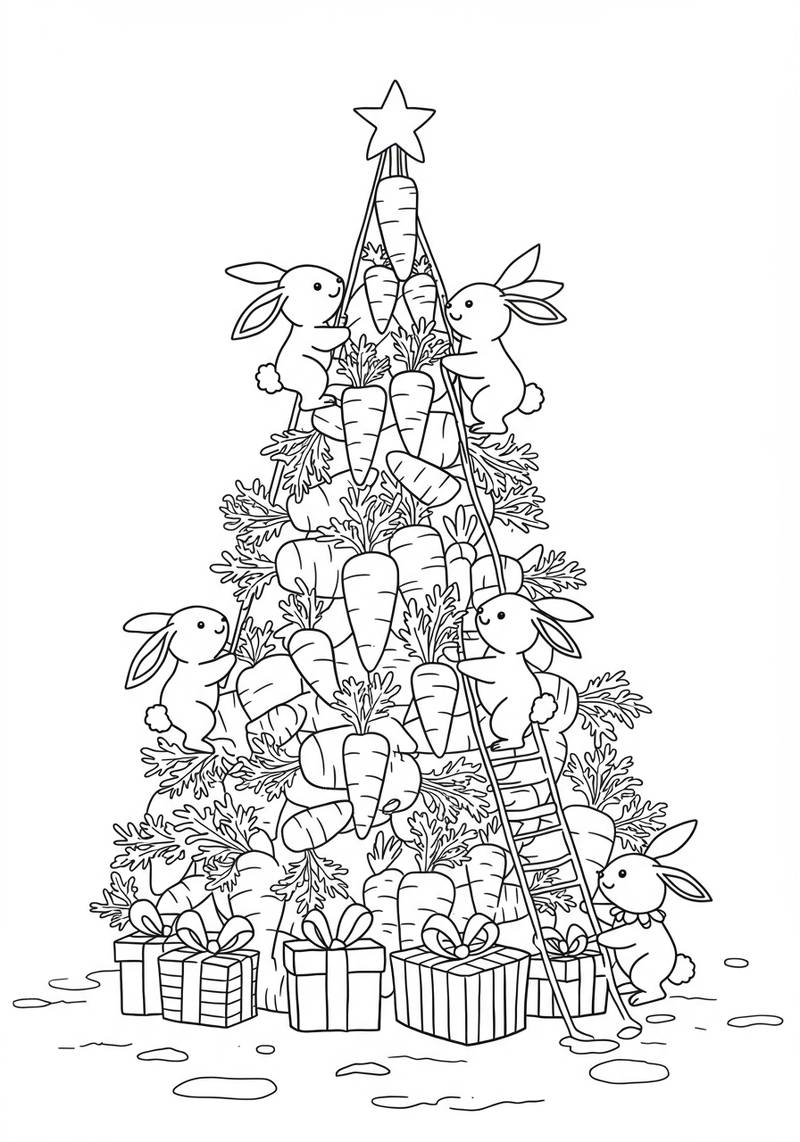 Página para colorear de conejitos decorando un árbol hecho de zanahorias con regalos debajo.