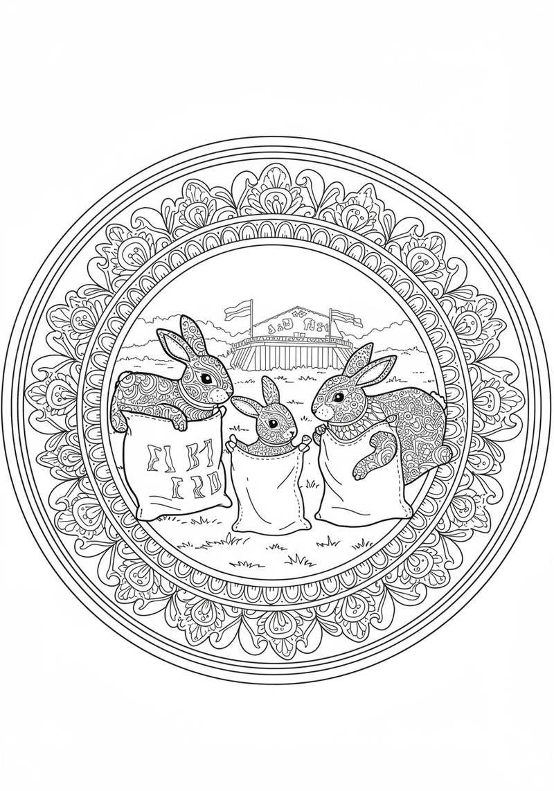 Página para colorear de tres conejitos participando en una celebración de Pascua.