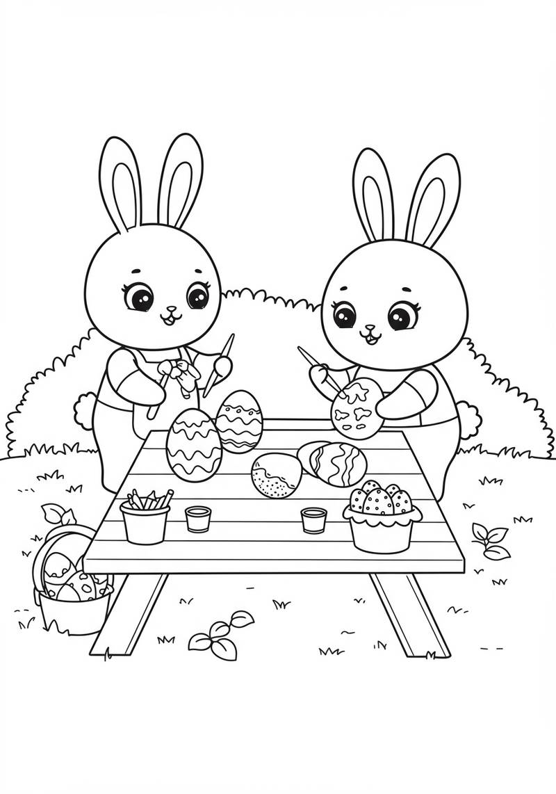Página para colorear de dos adorables conejitos pintando huevos de Pascua decorados en una mesa del patio trasero.