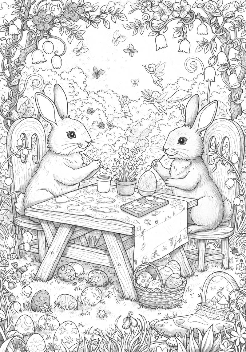 Página para colorear de dos conejitos adorables pintando huevos de Pascua decorados en una mesa en un jardín.