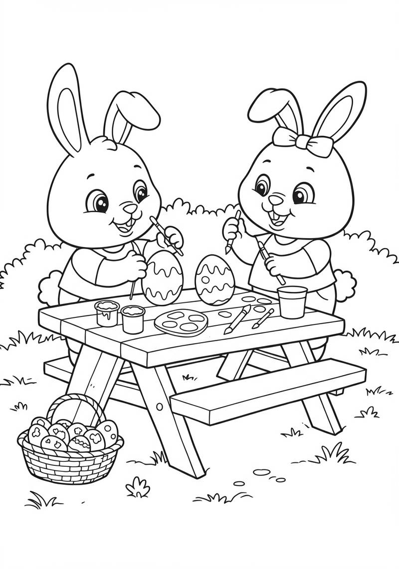 Página para colorear de dos conejitos adorables pintando huevos de Pascua en una mesa de picnic.