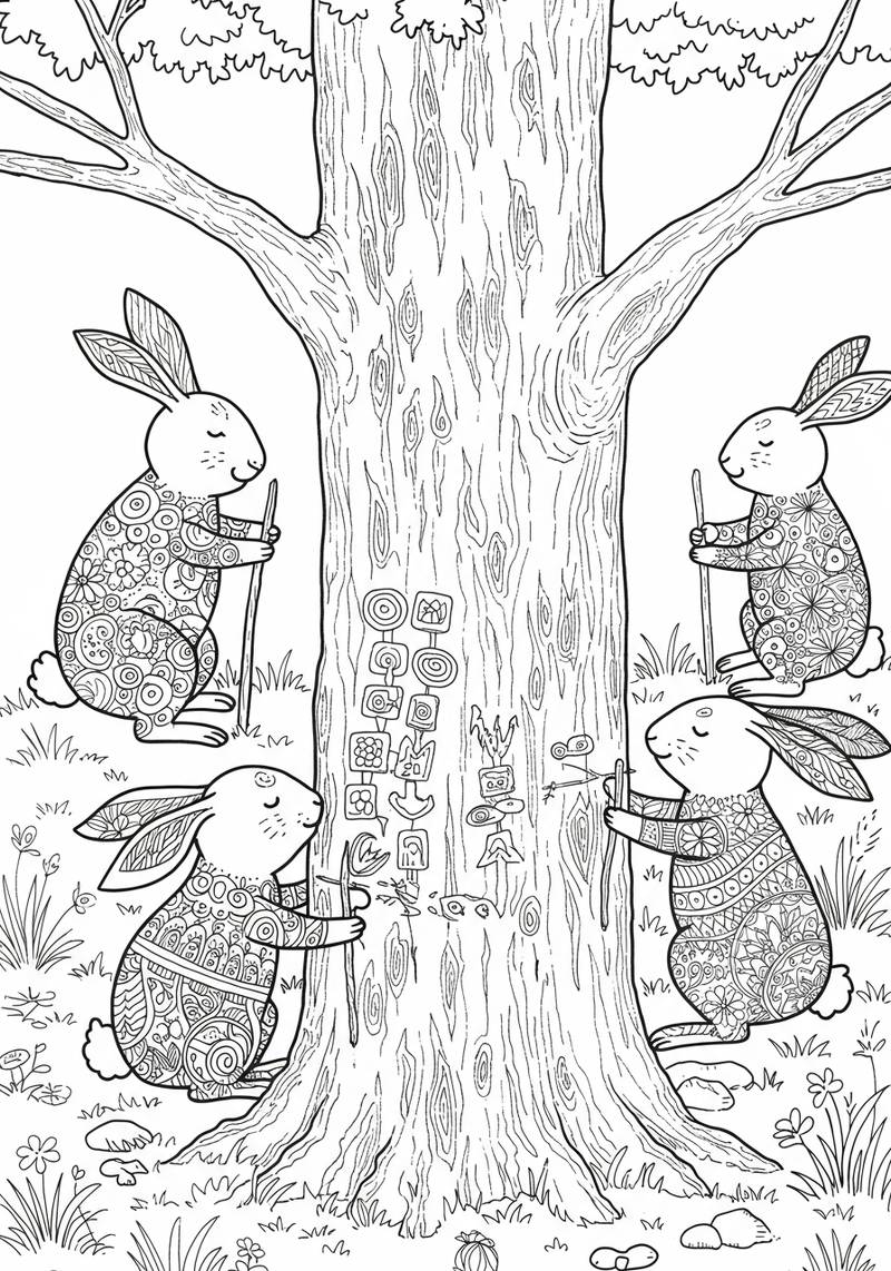 Página para colorear de cuatro conejitos con patrones detallados en sus cuerpos, rodeando un árbol grande y examinando símbolos tallados en el tronco.
