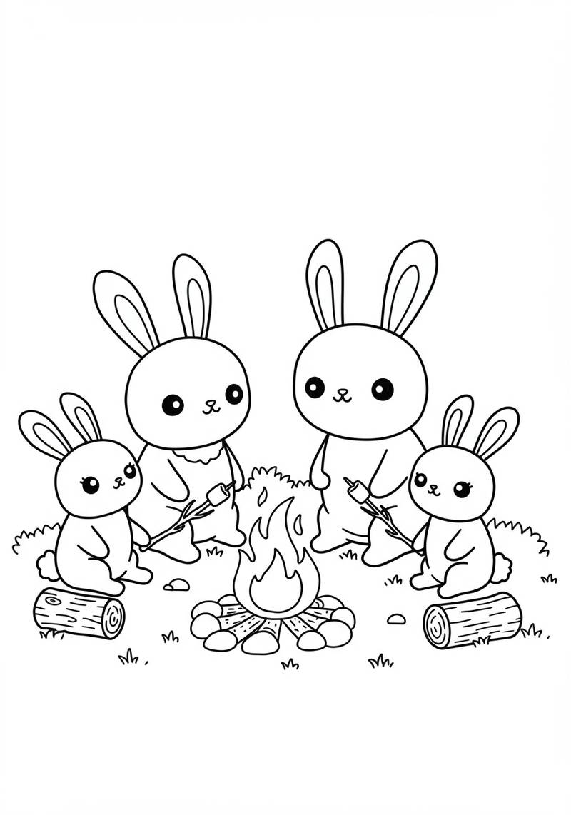 Coloring page of a bunny family sitting around a campfire, holding sticks with marshmallows or food, with logs on the ground