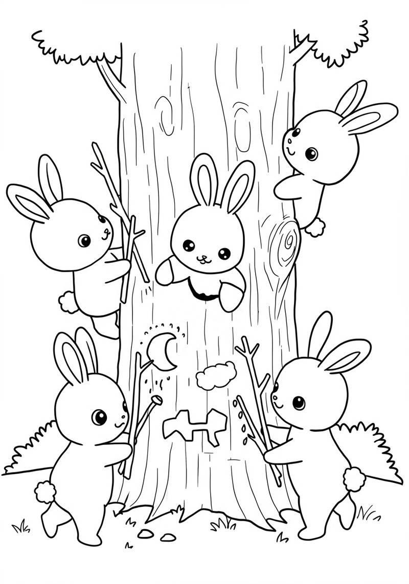 Página para colorear de cinco conejitos adorables trepando y sentados en un gran árbol en un bosque.