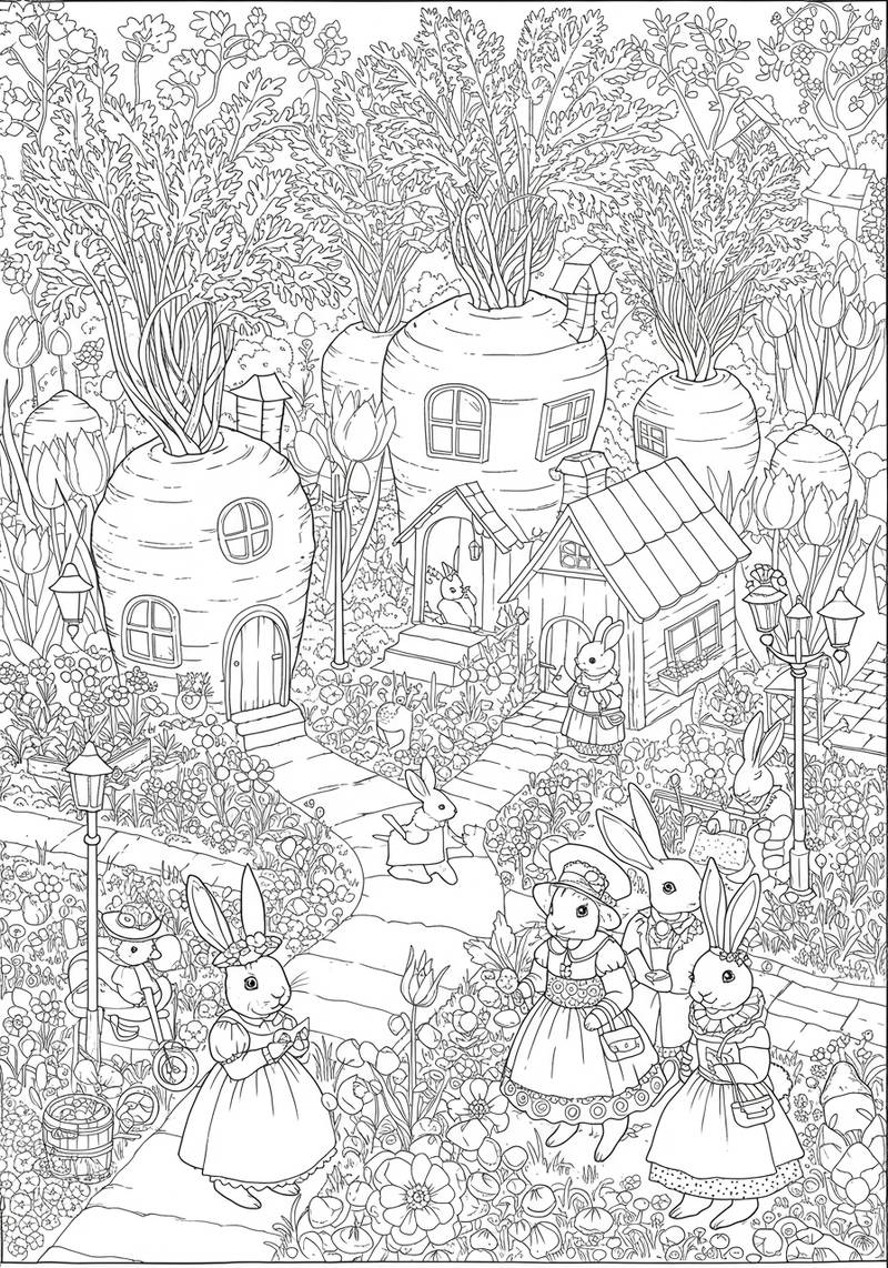Página para colorear de un encantador jardín con conejitos, casas con techos grandes en forma de nabo y flores en flor,