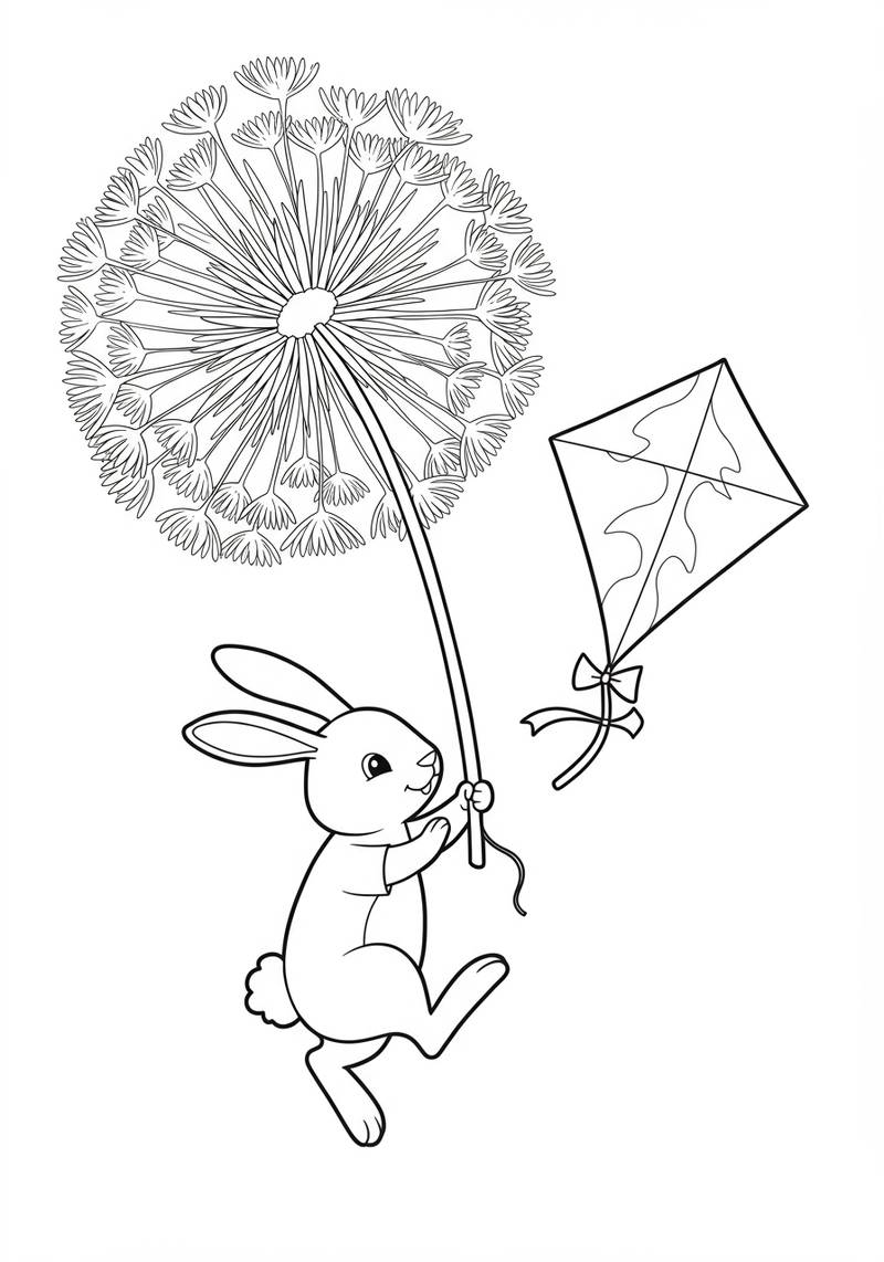 Página para colorear de un conejito adorable sosteniendo una cometa y un paracaídas.
