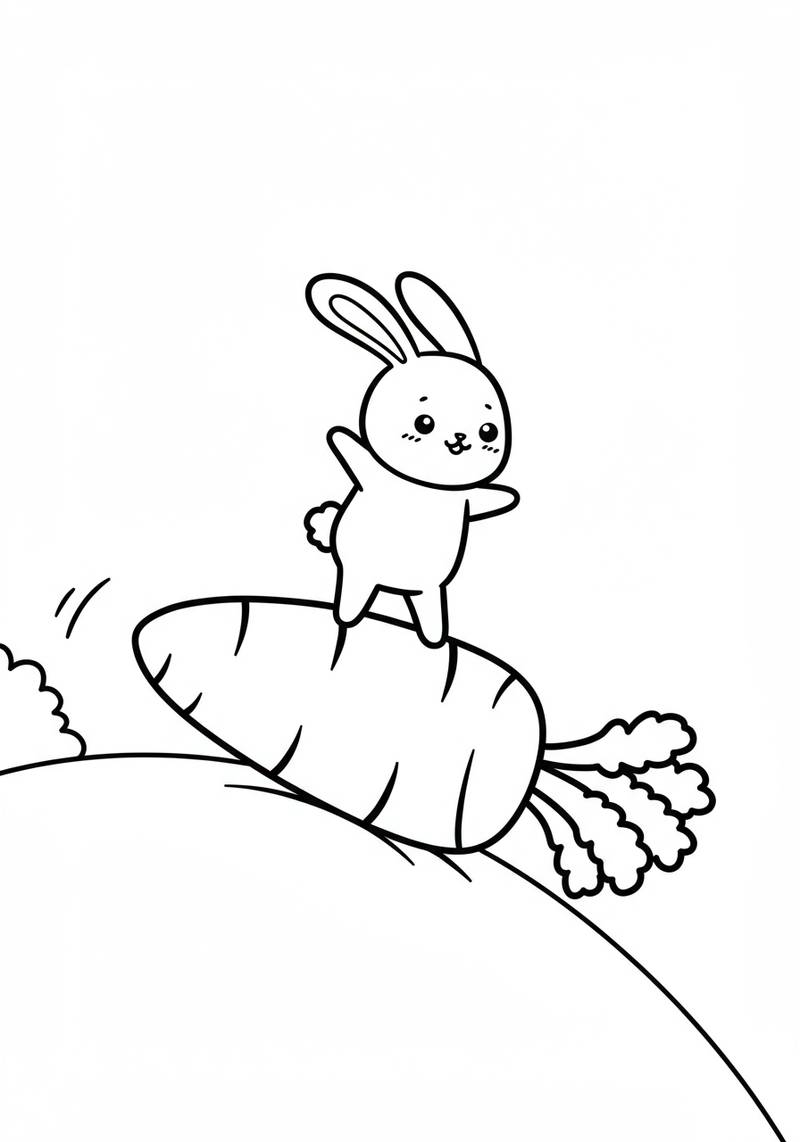 Página para colorear de un conejo adorable de pie sobre una gran zanahoria.