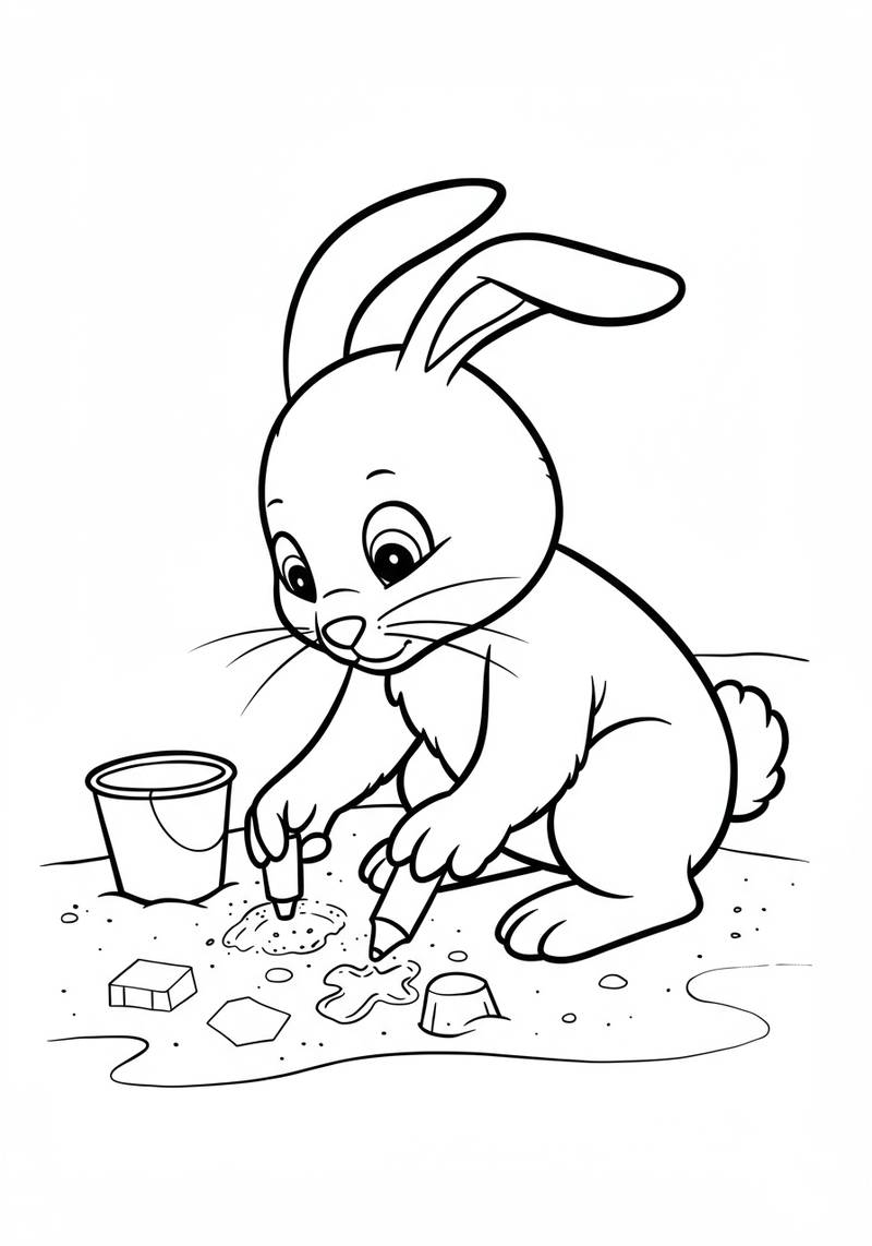 Página para colorear de un conejito lindo jugando en una caja de arena.