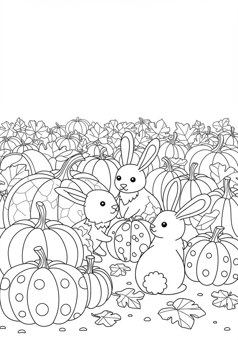 Página para colorear de tres conejitos adorables rodeados de calabazas y hojas caídas.