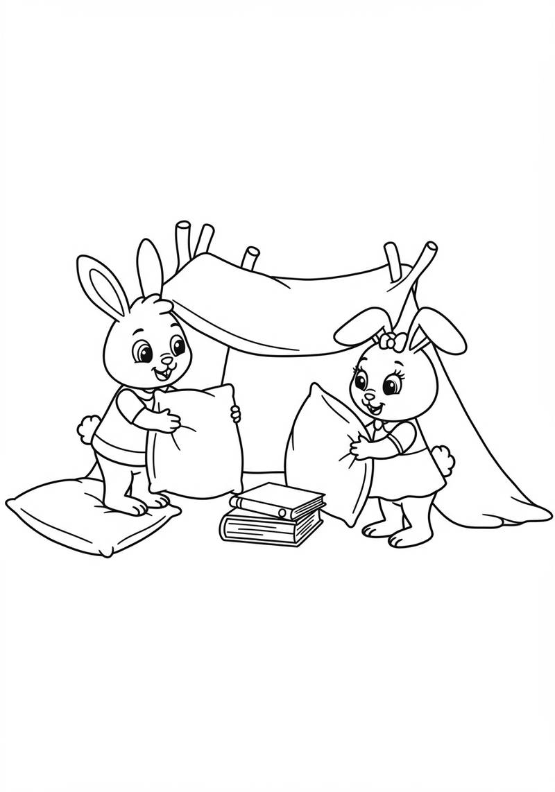 Página para colorear de dos niños conejitos jugando con almohadas y una tienda de campaña.