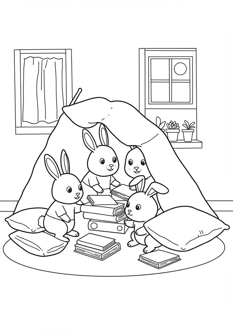 Página para colorear de cuatro conejitos adorables reunidos alrededor de una pila de libros en una habitación acogedora.
