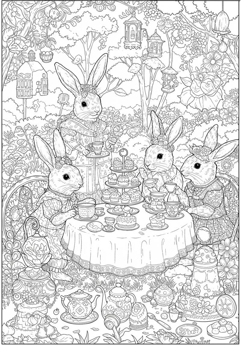 Página para colorear de tres conejitos que tienen una fiesta de té en un jardín exuberante con flores y árboles