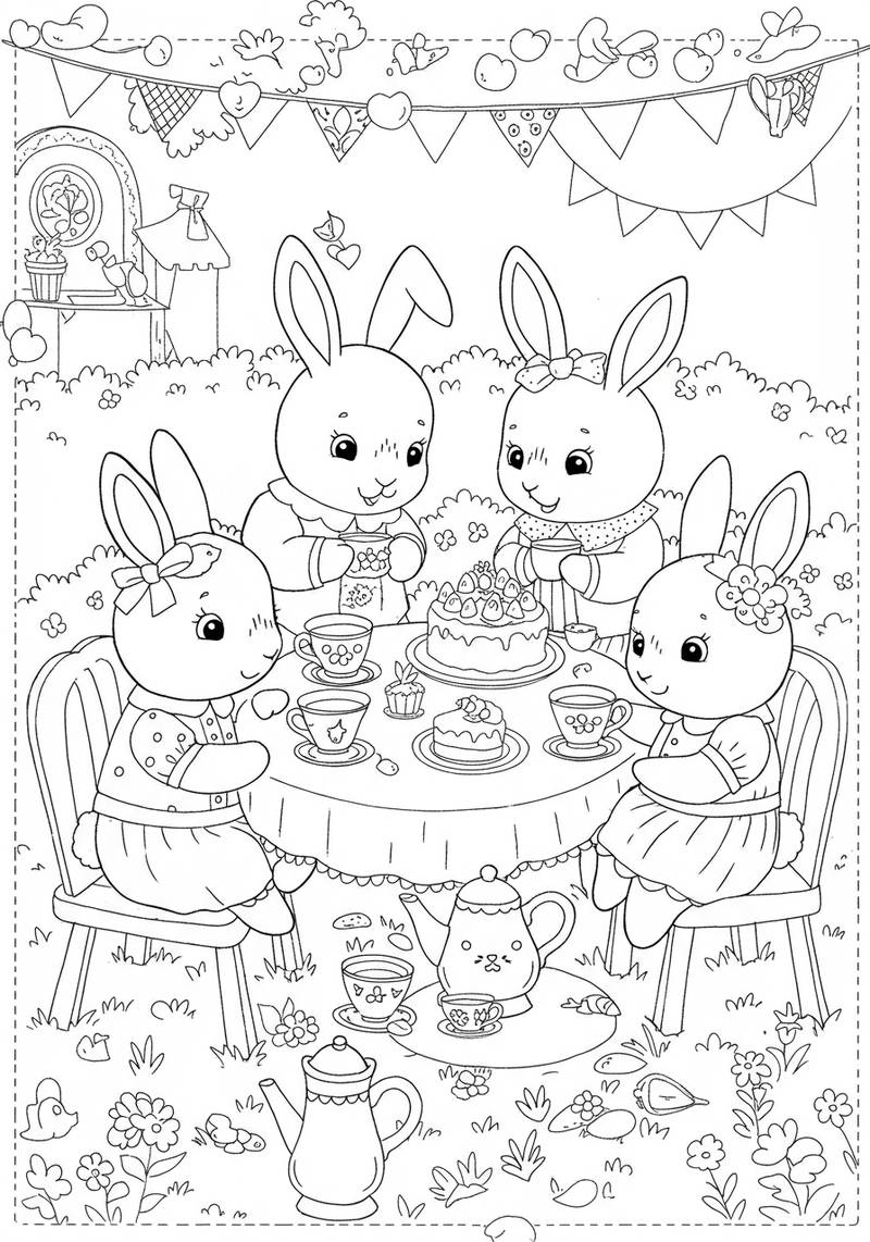 Página para colorear de cuatro conejitos adorables tomando una fiesta de té al aire libre.