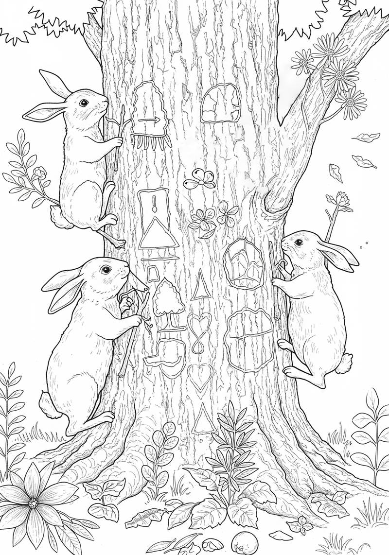 Página para colorear de tres conejitos trepando un árbol grande con pequeñas casas y flores.