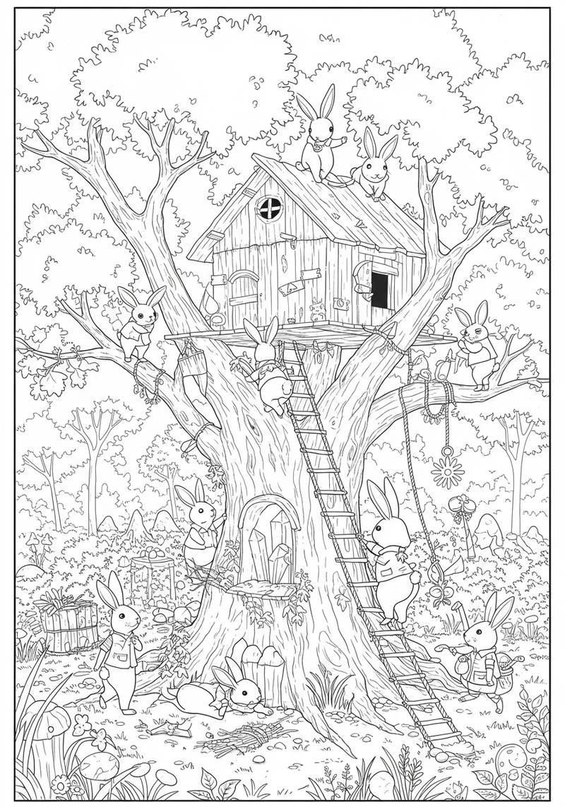 Página para colorear de conejitos jugando y explorando alrededor de una casita en un árbol construida en un árbol grande.