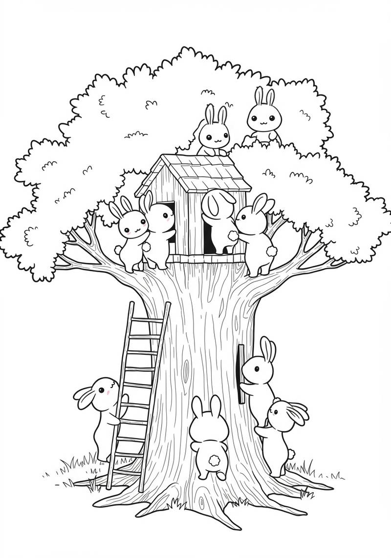 Página para colorear de un árbol grande con una casa en el árbol en forma de conejo y múltiples conejos alrededor de él.