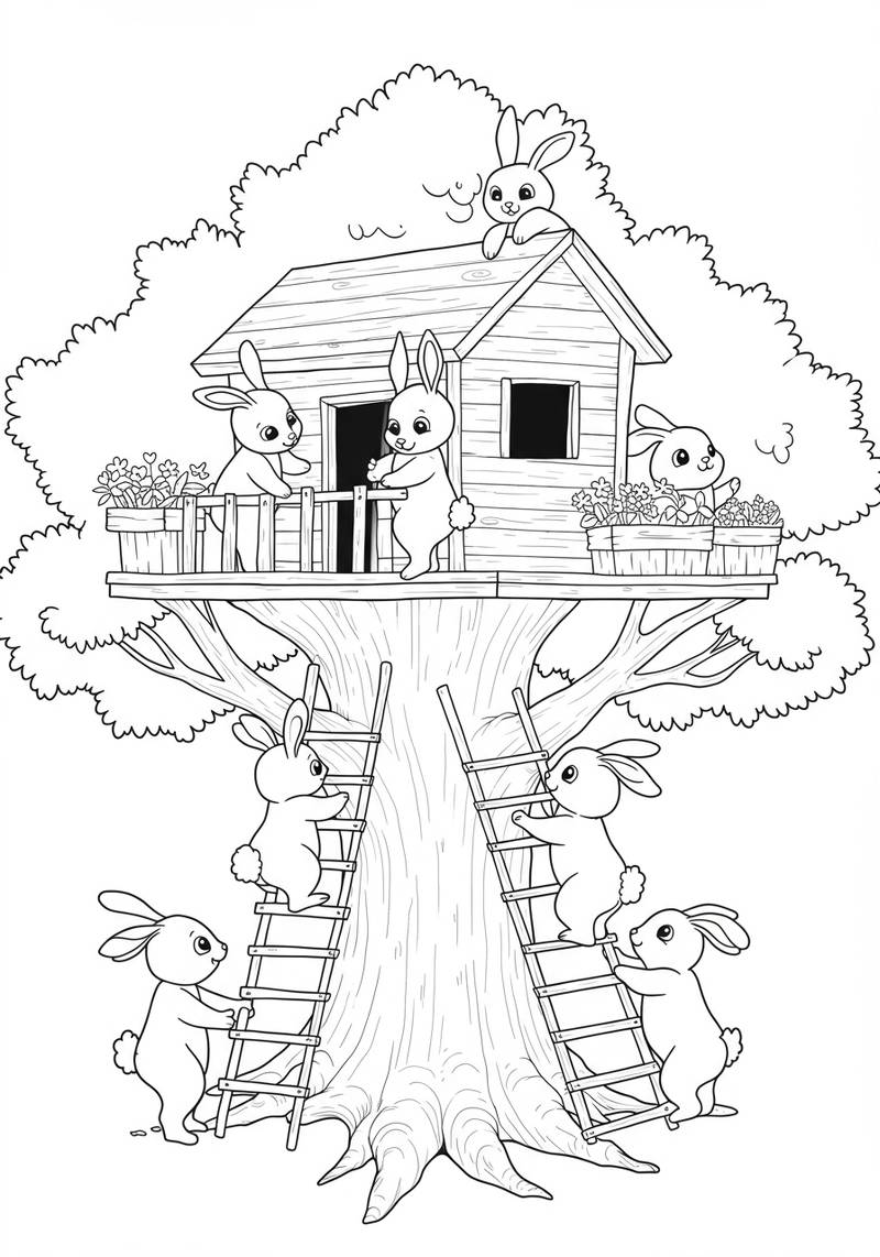 Página para colorear de conejitos adorables trepando escaleras hacia una acogedora casa en el árbol con más conejos jugando y conejos en el tejado.