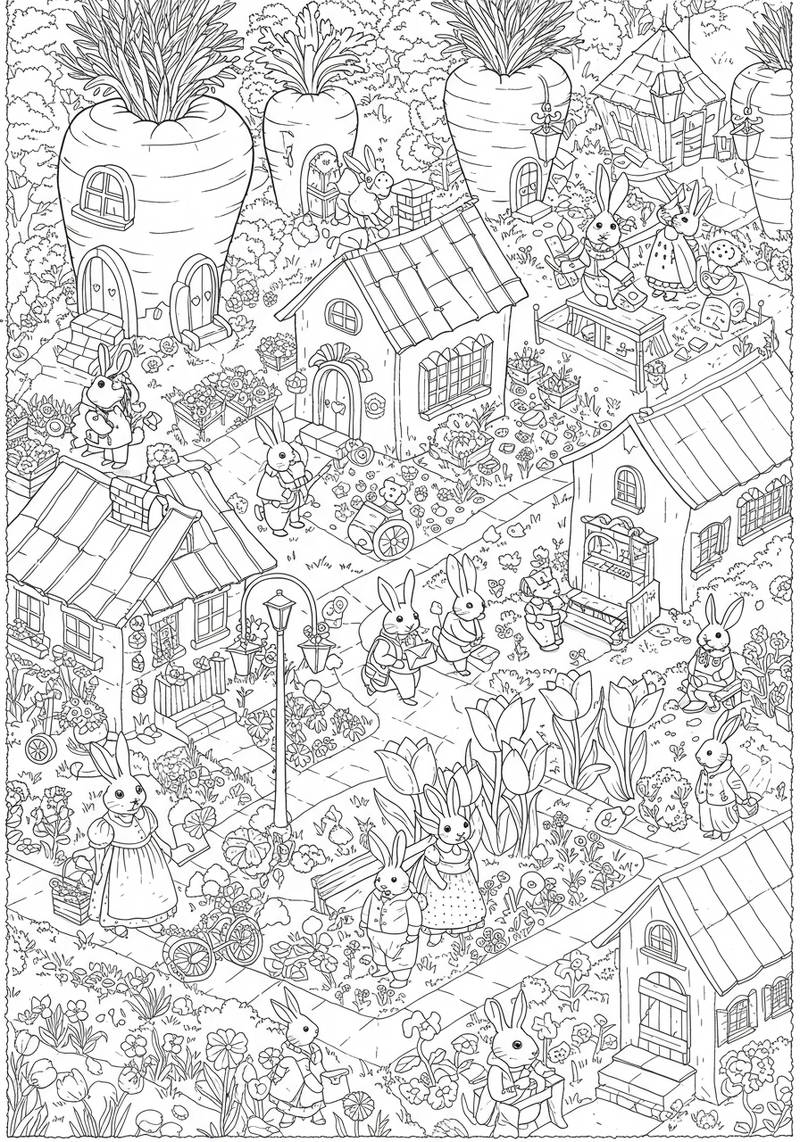 Página para colorear de lindos conejitos trabajando y jugando en un huerto de verduras.