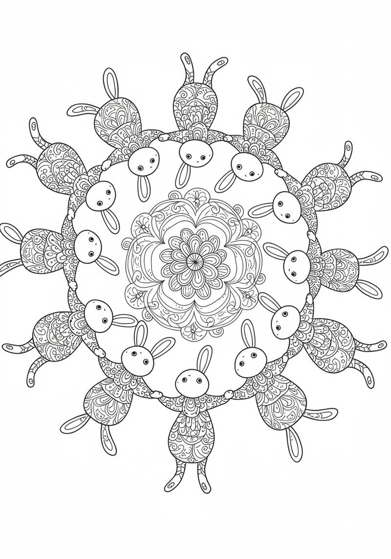 Página para colorear que presenta un mandala con conejitos adorables alrededor del centro.