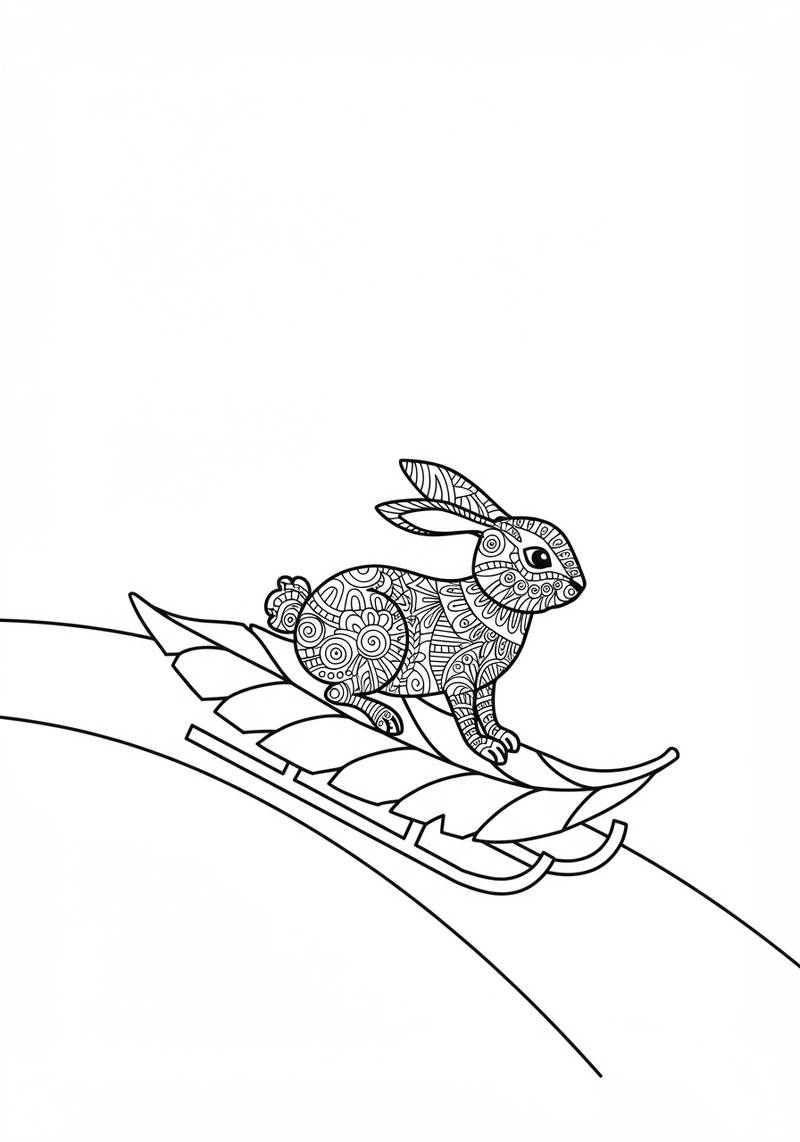 Página para colorear de un conejo con patrones intrincados sentado en una trineo.
