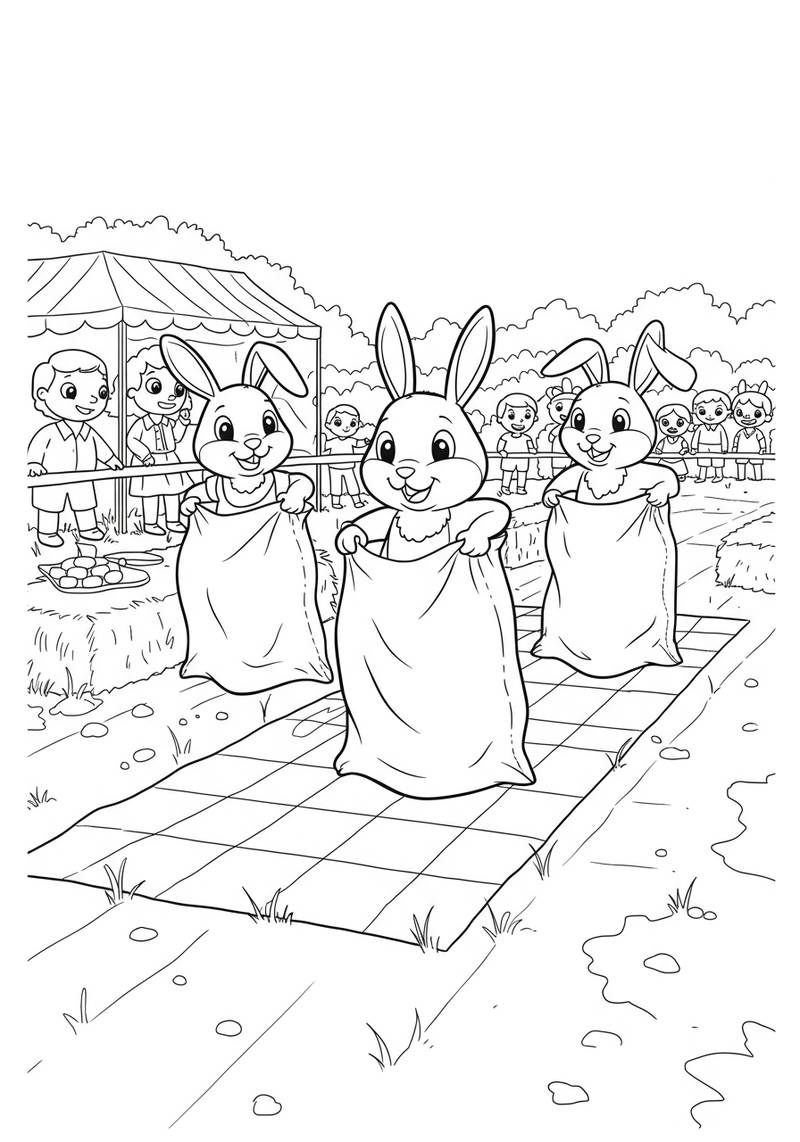 Página para colorear de tres conejitos corriendo en una carrera con niños animando en el fondo.