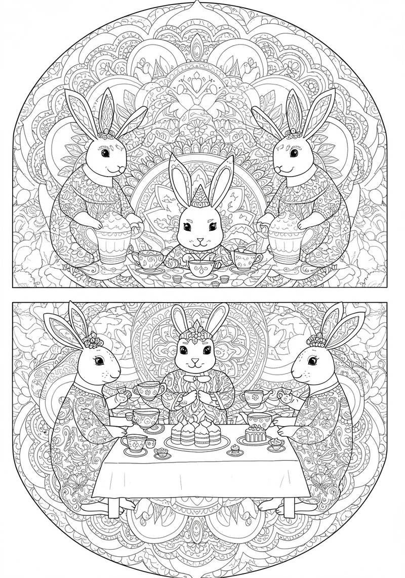 Página para colorear de conejitos adorables celebrando la Pascua con una fiesta de té.