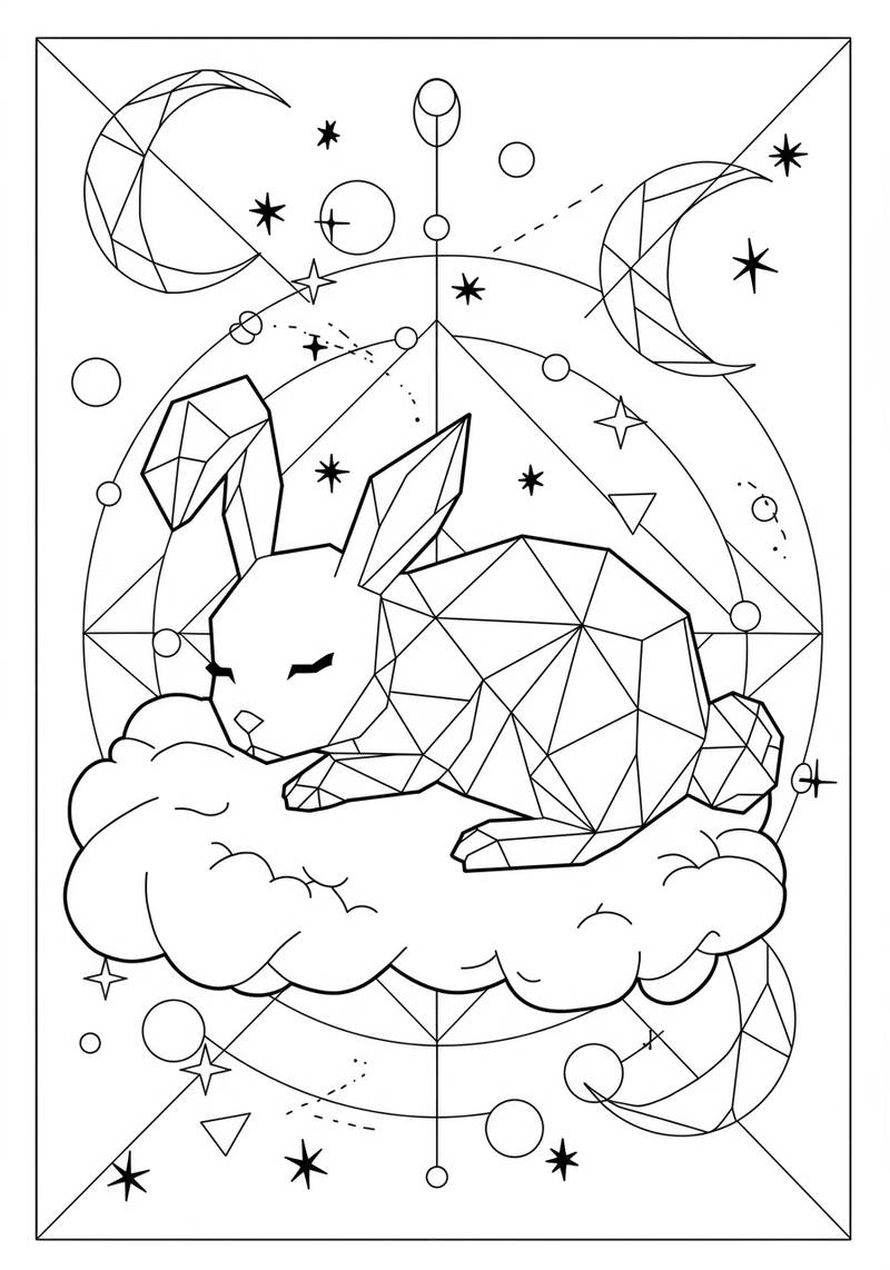 Página para colorear de un conejito de estilo geométrico sentado en una nube esponjosa con elementos celestiales alrededor.