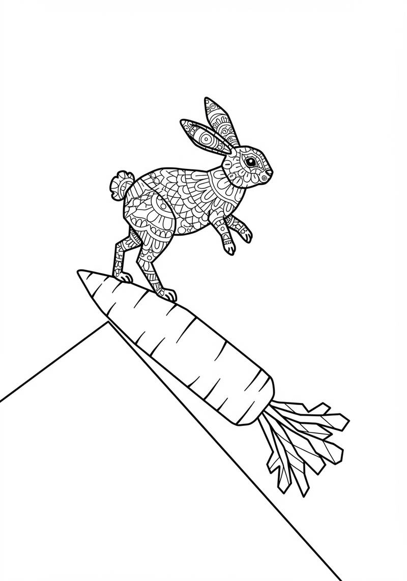 Page de coloriage d'un lapin détaillé debout sur une grande carotte