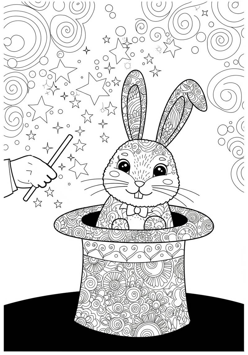 Página para colorear de un conejito adorable emergiendo de un sombrero de mago decorado con estrellas y remolinos en el fondo.