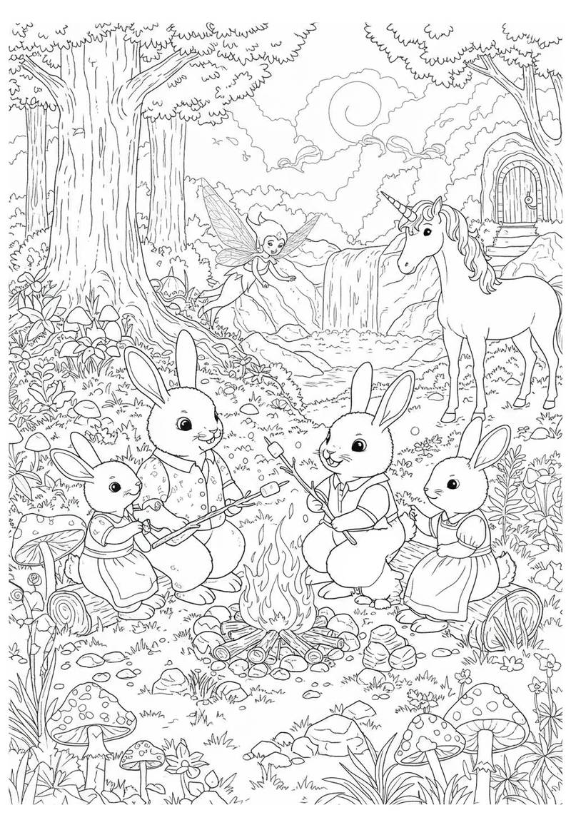 Página para colorear de una escena de un bosque mágico con un unicornio, hadas, conejos alrededor de una fogata y hongos.