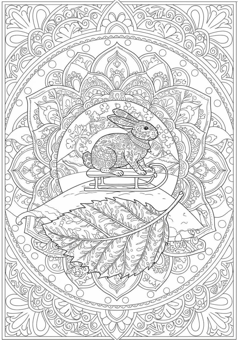 Página para colorear que presenta un diseño de mandala con un conejo detallado sentado en un trineo y una hoja grande en primer plano.