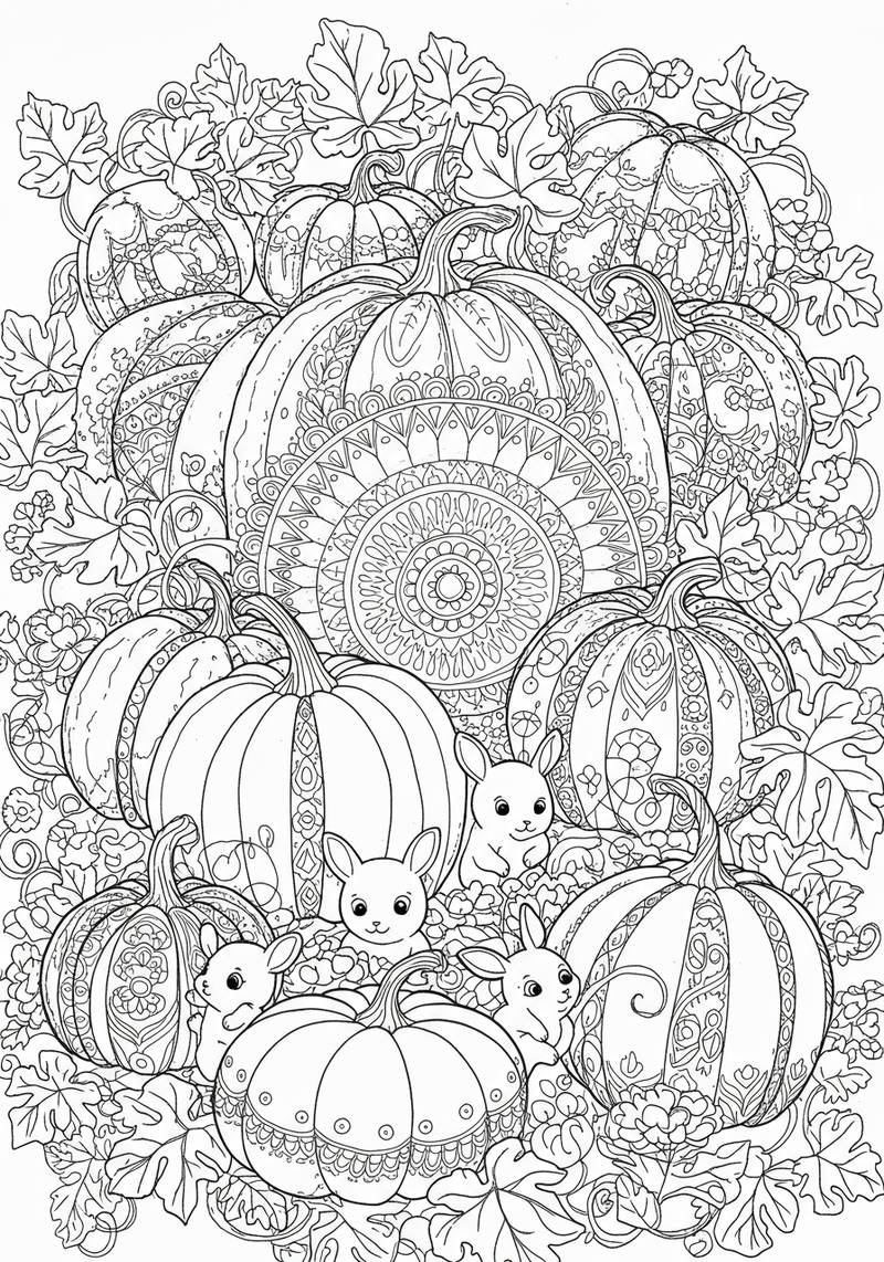 Página para colorear con calabazas grandes y decoradas rodeadas de conejitos y hojas de otoño.