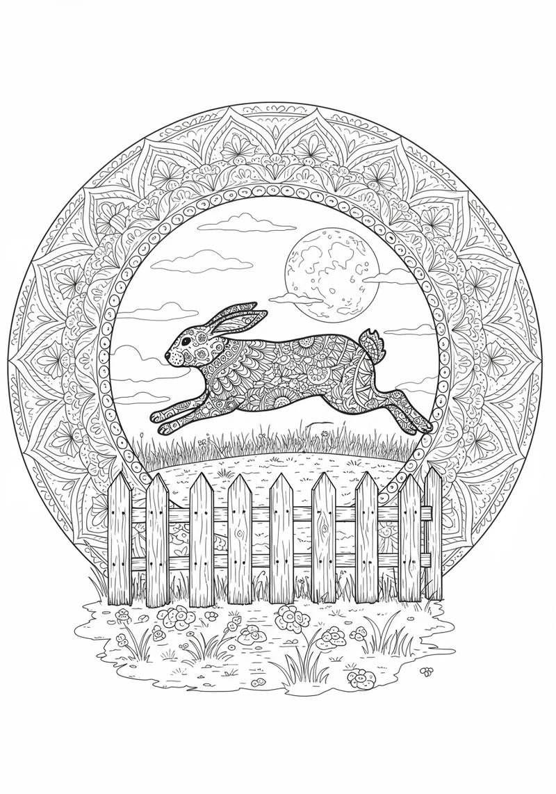 Página para colorear de un conejo saltando frente a una luna con un borde decorativo.