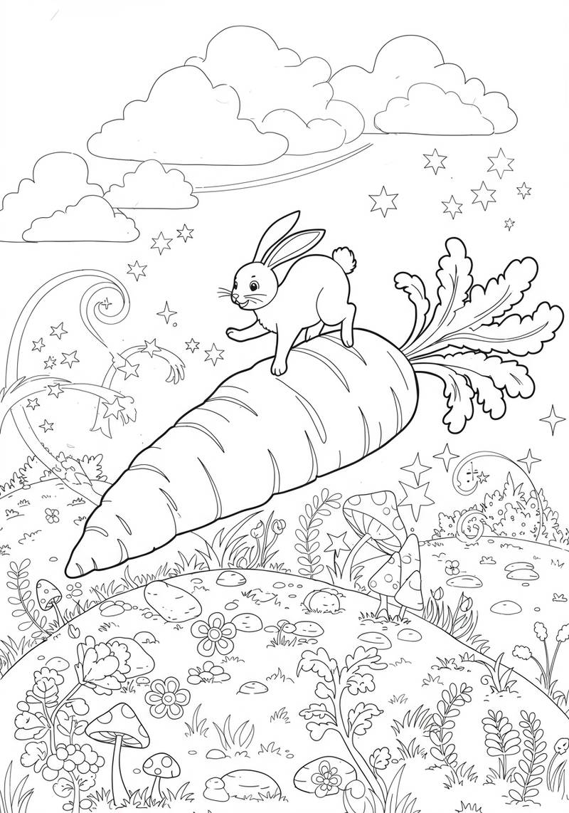 Página para colorear de un conejo equilibrándose sobre una gran zanahoria en una escena al aire libre llena de fantasía.