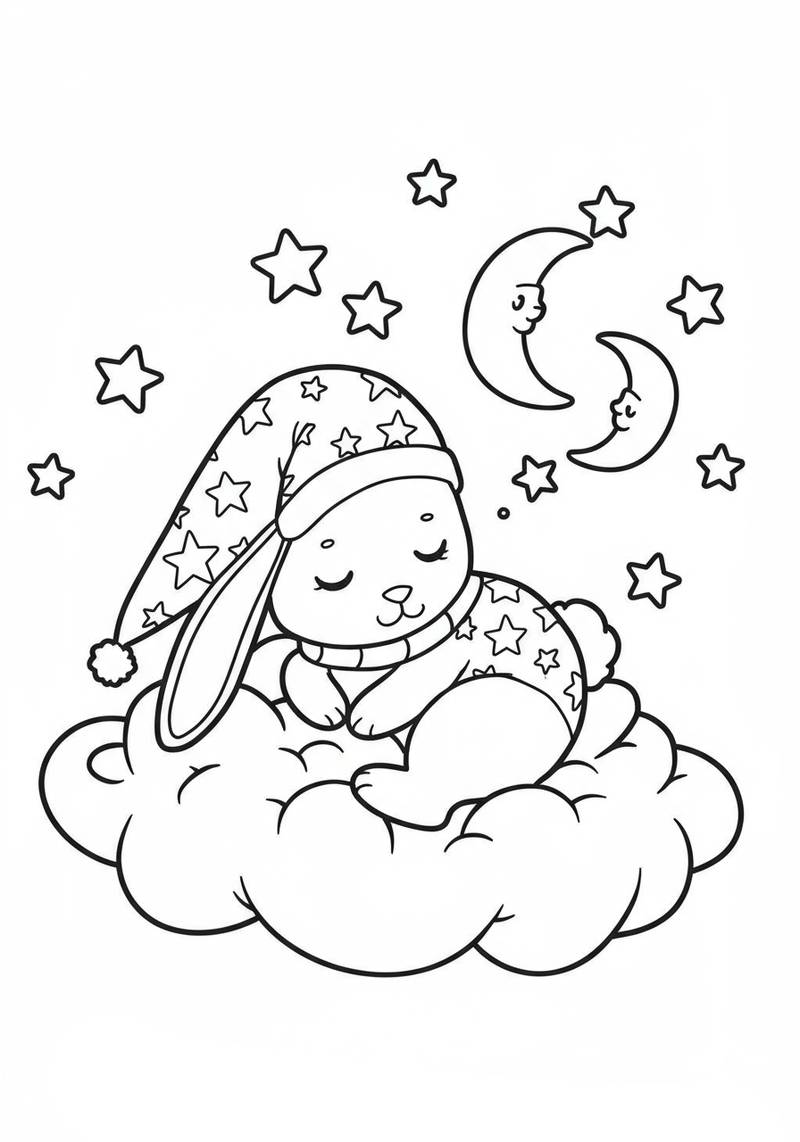 Página para colorear de un conejito lindo durmiendo en una nube rodeada de estrellas y lunas crecientes.