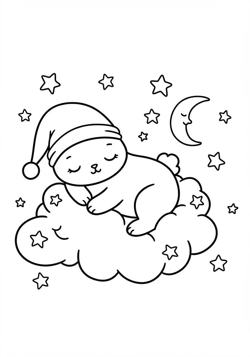 Página para colorear de un adorable gatito durmiendo en una nube, rodeado de estrellas y una luna creciente.