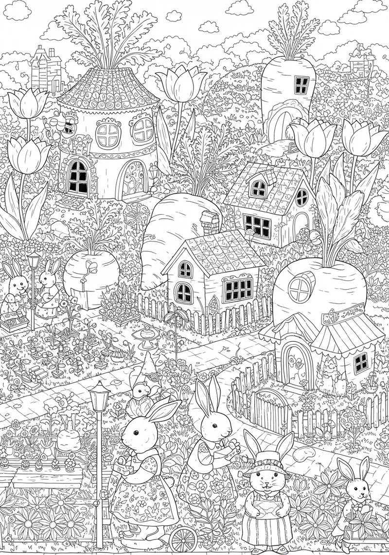 Página para colorear de una escena de granja caprichosa con conejos, casas, grandes zanahorias y flores en flor.