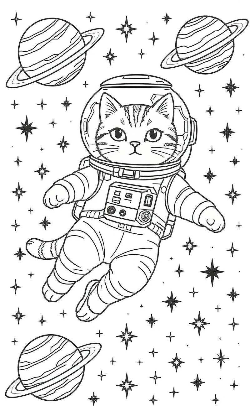 Página para colorear en blanco y negro de un gato con traje espacial flotando entre estrellas y planetas con anillos.