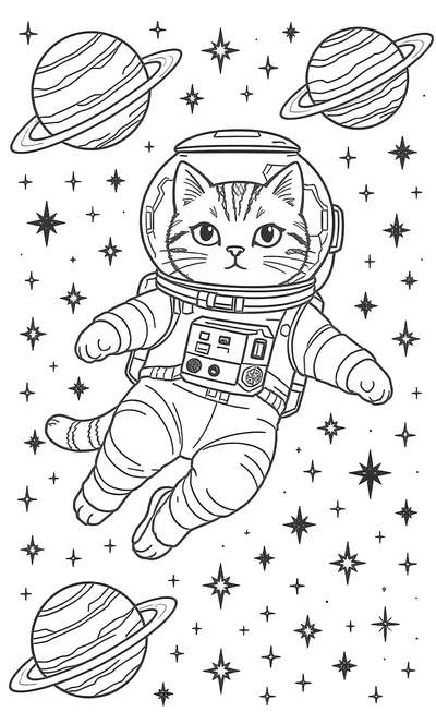 Página para colorear en blanco y negro de un gato con traje espacial flotando entre estrellas y planetas con anillos.