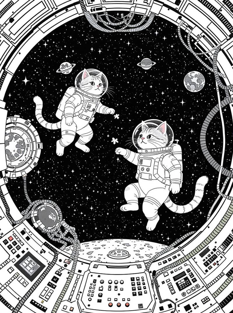 Página para colorear en blanco y negro que muestra dos gatos con trajes espaciales flotando en el espacio exterior, vistos a través de una ventana circular de una nave espacial con estrellas y planetas de fondo.