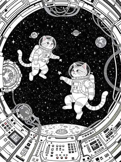 Página para colorear en blanco y negro que muestra dos gatos con trajes espaciales flotando en el espacio exterior, vistos a través de una ventana circular de una nave espacial con estrellas y planetas de fondo.