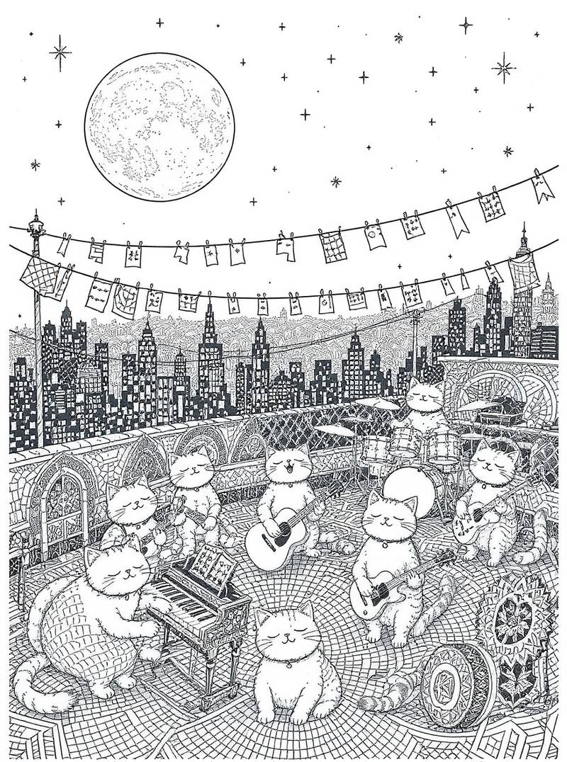 Página para colorear en blanco y negro de gatos tocando instrumentos musicales en una azotea con el horizonte de la ciudad, luna llena y estrellas.
