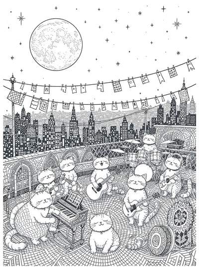 Página para colorear en blanco y negro de gatos tocando instrumentos musicales en una azotea con el horizonte de la ciudad, luna llena y estrellas.