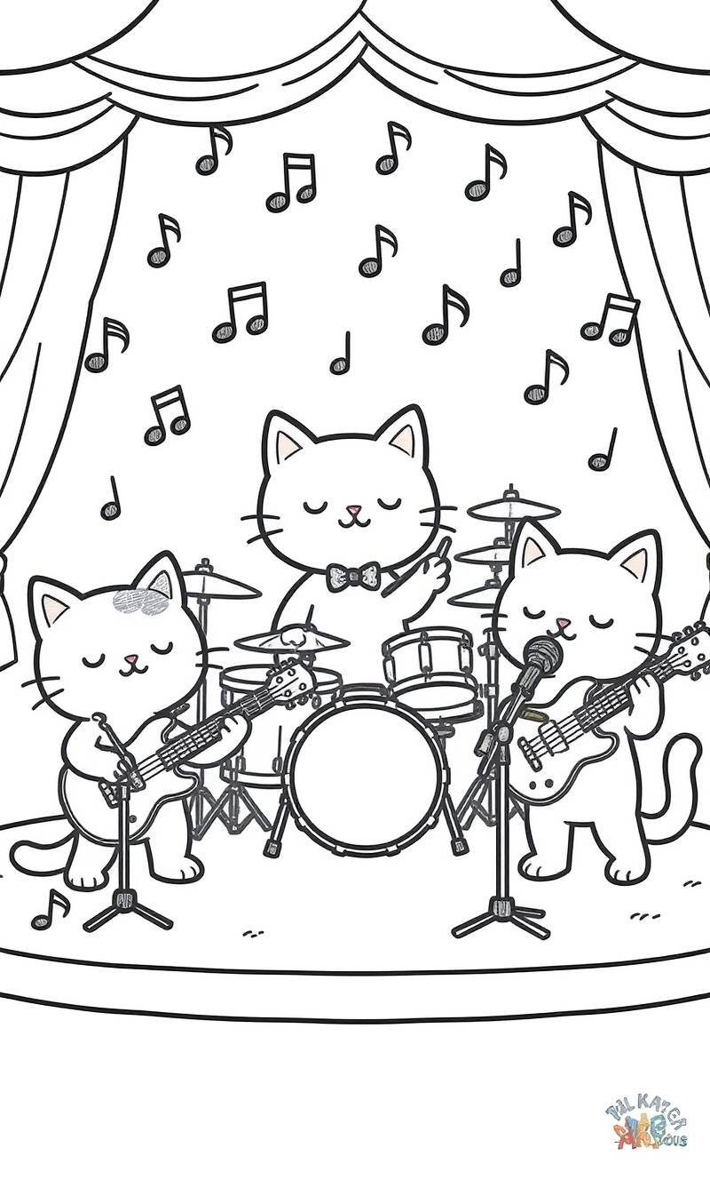 Contorno en blanco y negro de tres gatos en un escenario tocando la batería, la guitarra y cantando, con notas musicales flotando a su alrededor.