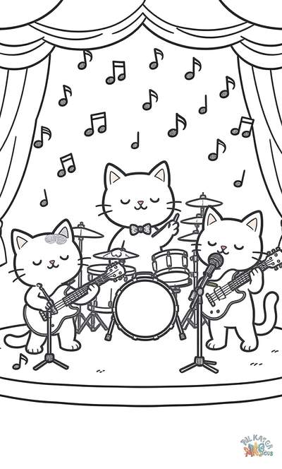 Contorno en blanco y negro de tres gatos en un escenario tocando la batería, la guitarra y cantando, con notas musicales flotando a su alrededor.