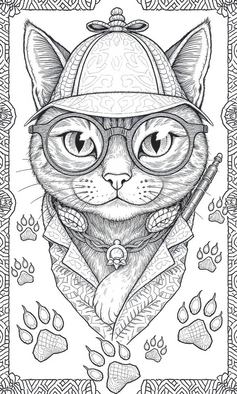 Página para colorear en blanco y negro de un gato con sombrero de detective, gafas redondas y abrigo, rodeado de huellas de patas y un borde decorativo.
