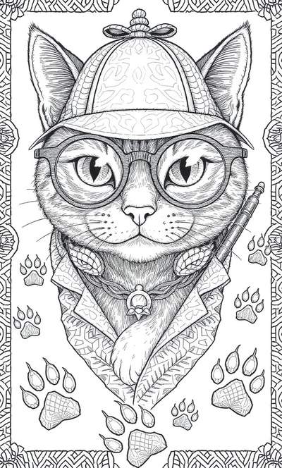 Página para colorear en blanco y negro de un gato con sombrero de detective, gafas redondas y abrigo, rodeado de huellas de patas y un borde decorativo.